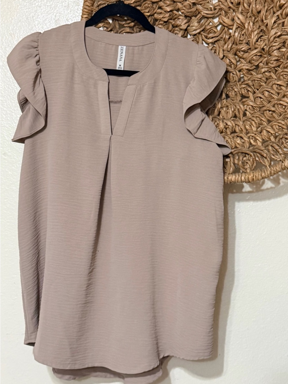 Zenana Outfitters Taupe Ruffle Sleeve Blouse